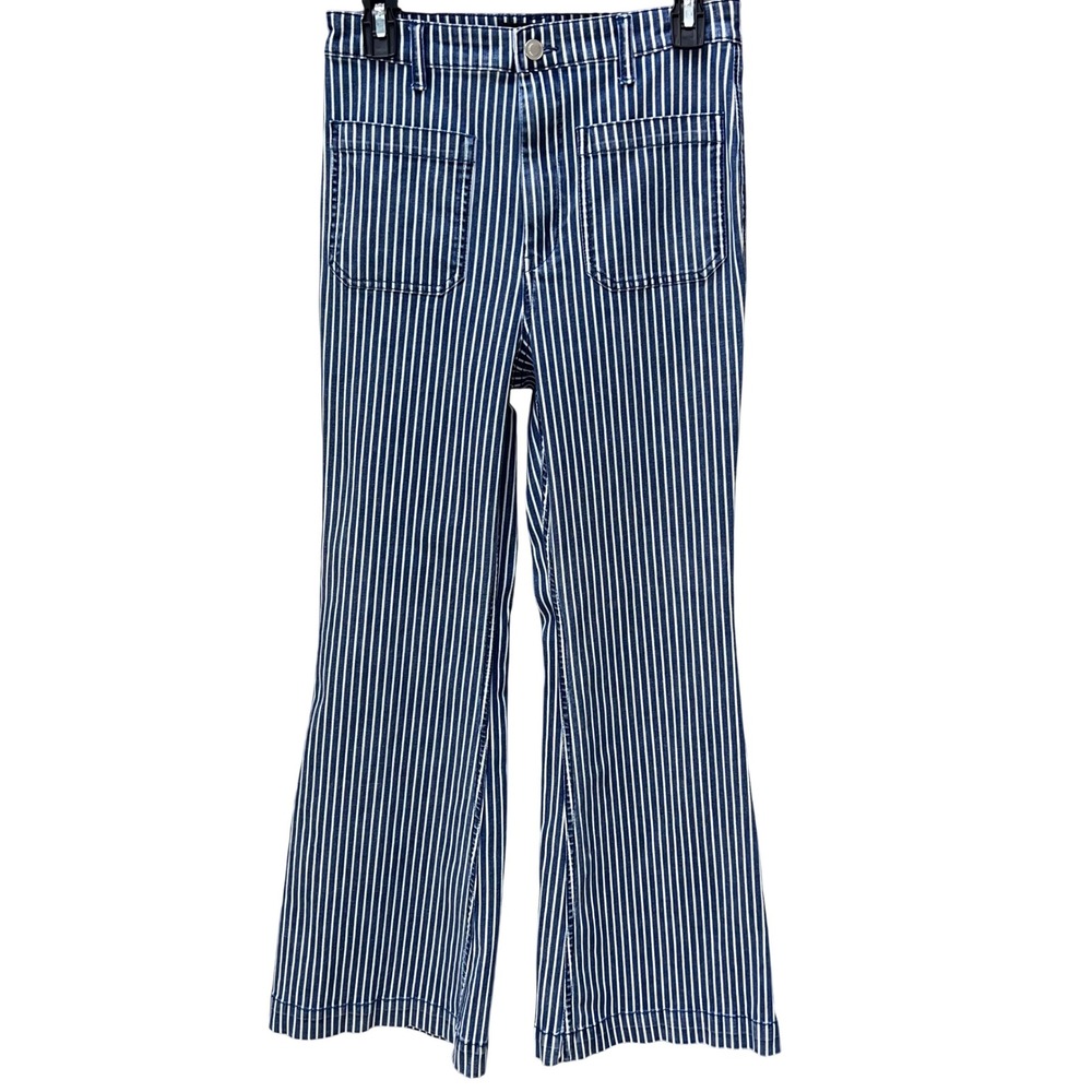 NE5 Jeans W 28 Striped High Rise Flare Leg Front Patch Pocket Retro Hippie Chic